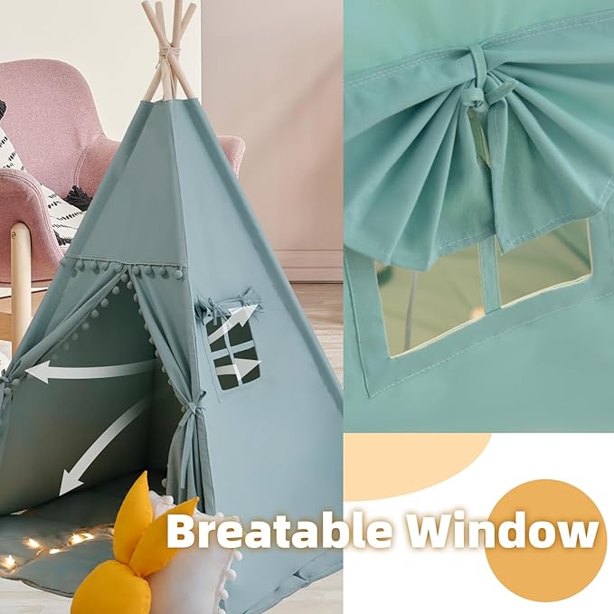 Teepee Tent for Kids with Mat, Star Lights, Carry Case, Cotton Canvas Playhouse, Foldable Tents, Portable Children Play Tent Indoor Outdoor (Jewelry Blue)