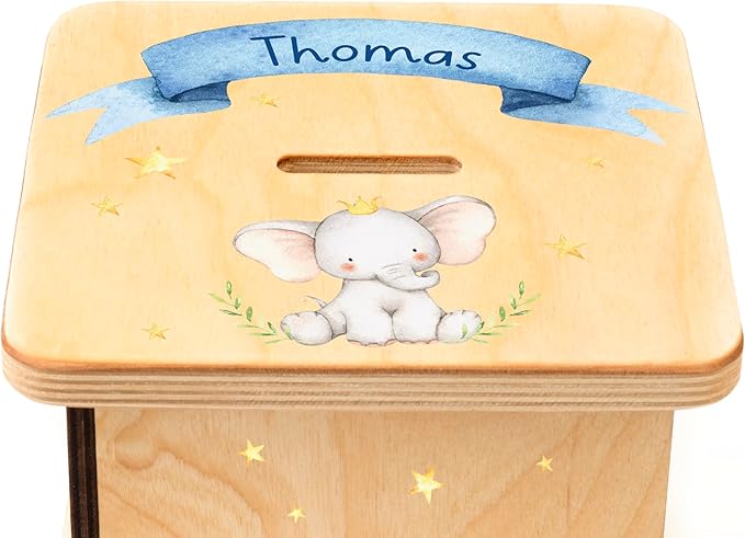 Wooden Piggy Bank for Kids and Adults, Personalized Gift Handmade in USA by BloomOwl, Custom Piggy Bank, Personalized Banks for Kids, Gifts for Baby Boys and Girls (Elephant- Blue)