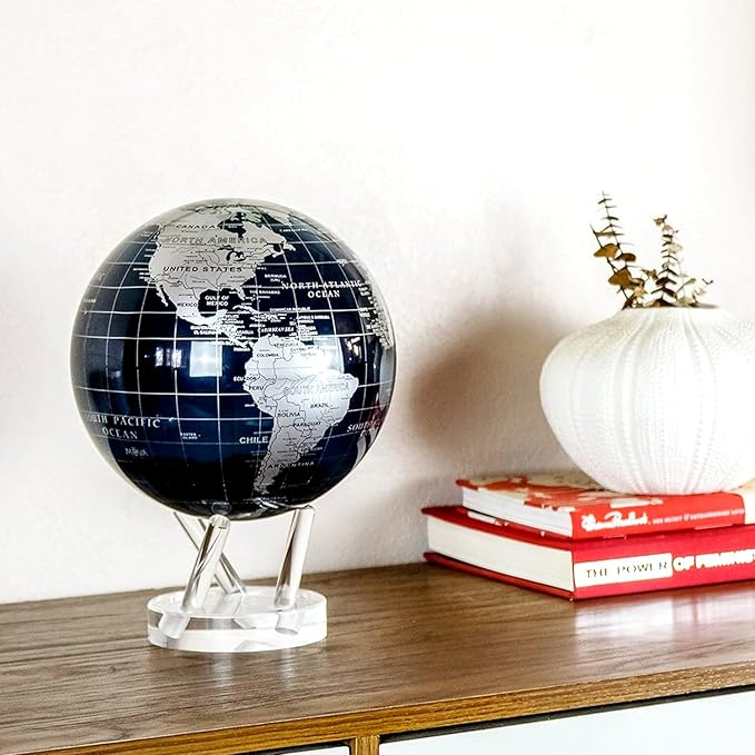 MOVA Globe – Metallic Black and Silver 4.5” | Solar-Powered Rotating Desk Globe with Minimalist Map Design | No Batteries or Cords | Modern Decor Gift