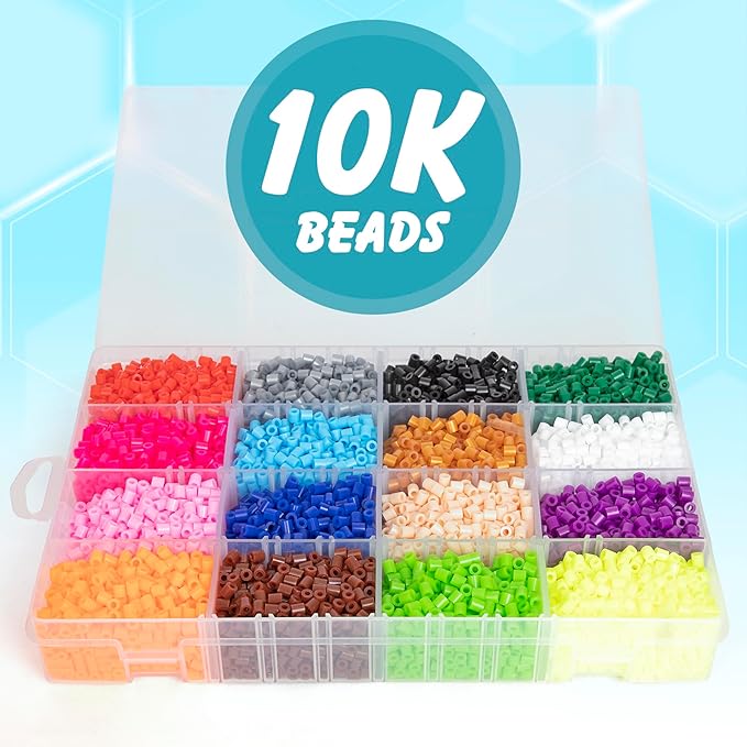 Darice Fuse Beads Kit - 10,000 pcs, 5mm Iron Bead 16 Colors with Storage Case, Non-Toxic Art and Craft Melty Beads for Kids in 16 Colors for DIY Projects & Perler Art, Ages 6+