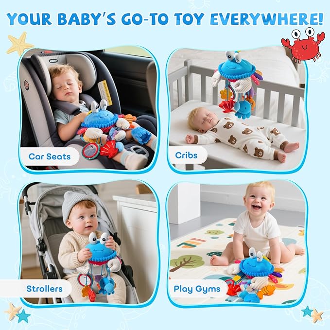 Hanging Activity Toy for Car Seat, Stroller, Crib & Play Gym, Sensory Crab Plush Toy for Babies 0-12 Months, Tummy Time, Motor Skills Development, Montessori Toy with Mirror, Rattle & Teether