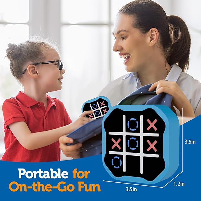 3-in-1 Electronic Tic Tac Toe Game, Handheld Travel Toy with Silent Mode, Fun for Kids and Adults, Blue