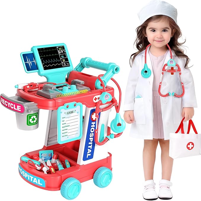 Doctor Kit for Kids, Pretend Doctor Playset for Toddlers with Cart, Costume and Stethoscope, Role Play Medical Toy for Girls Boys Toddlers 3-8 Birthday Gifts (Pink)