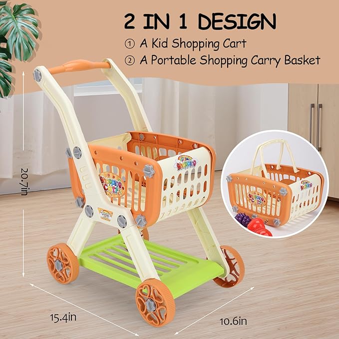 Shopping Cart with Cutting Play Food Set for Kids Kitchen, 2 in 1 Shopping Cart for Kids Grocery Store Pretend Play Kitchen Accessories Sorting Food Bucket Learning Toys Gift for Toddler 3-5