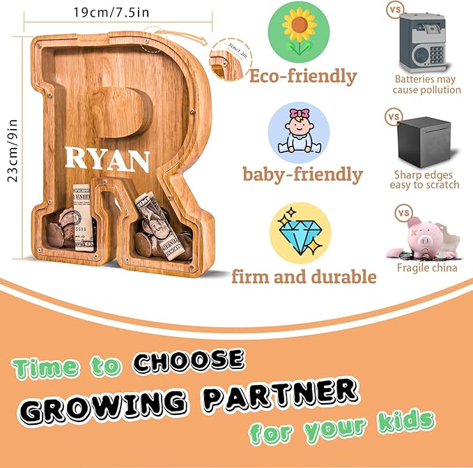 Wooden Letter Piggy Bank for Kids Larger Letter Piggy Bank for Boys and Girls Personalized Piggy Bank Initial Coin Bank Wood Kids Money Bank for Birthday and Festival
