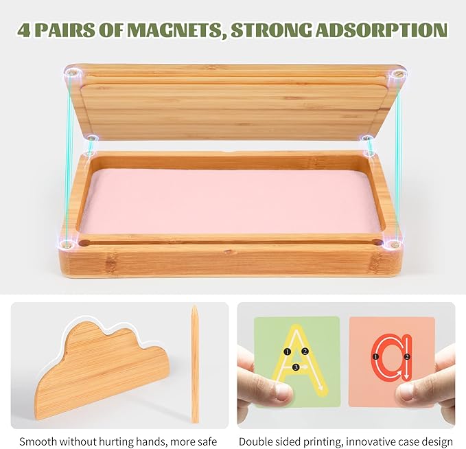 Montessori Sand Tray with Lid - Wooden Sand Trays for Kids Writing Letters and Numbers, Preschool Classroom Must Haves, Kindergarten Learning Tools (Pink)