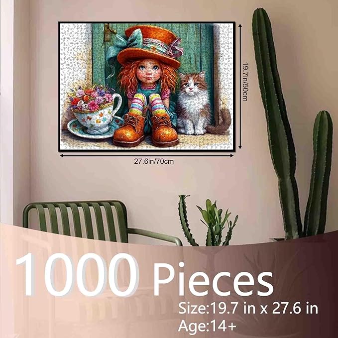 Tucocoo Cute Girl and Cat 1000 Piece Jigsaw Puzzle for Adults, Fantasy Art Puzzle with Tea Cup Flowers, Colorful Socks, Big Hat, Cozy Cottage for Relaxation and Gifts, Challenging Puzzles, Home Decor