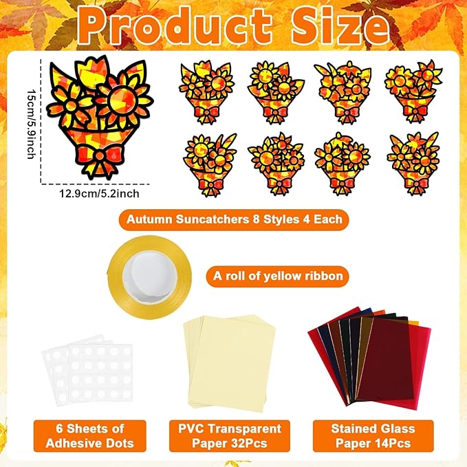 QOUBAI 32 Sets Fall Bouquet Suncatchers Craft Kit DIY Window Stained Glass Effect Autumn Bouquet Paper Crafts Home School Classroom Decoration Kid Birthday Gift Creative Art Project Activity Game