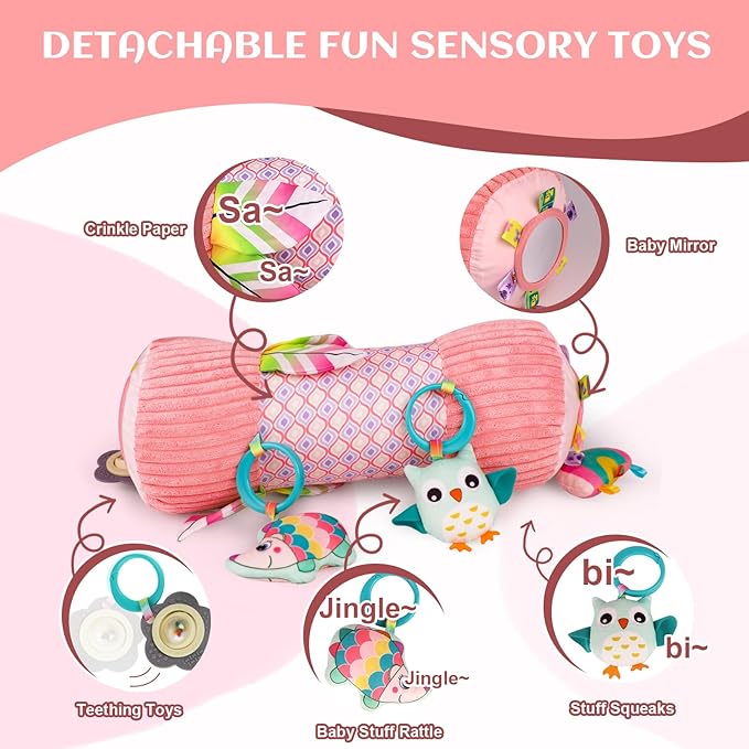 Inflatable Baby Tummy Time Toys Pillow for Newborn, Montessori Baby Sensory Toys Roller with Detachable Mirror, Squeaker, Teether & Rattle, Help with Early Development 3-6 Months (Unicorn)