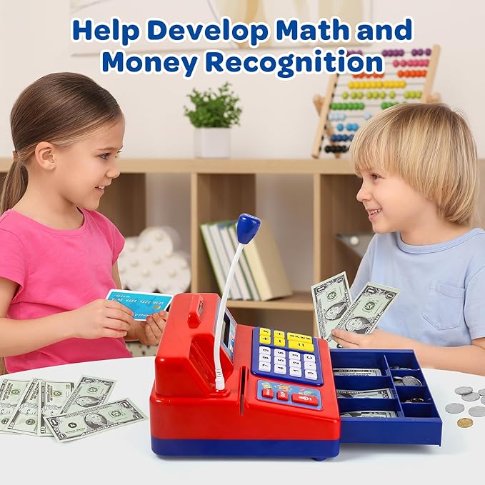 Calculator Cash Register - 103 Pcs Toy Cash Register, Microphone, Credit Card and Banking for Kids, Early Math Skills Toys Gifts for 3, 4, 5, 6 7 8+ Years Old Boys Girls