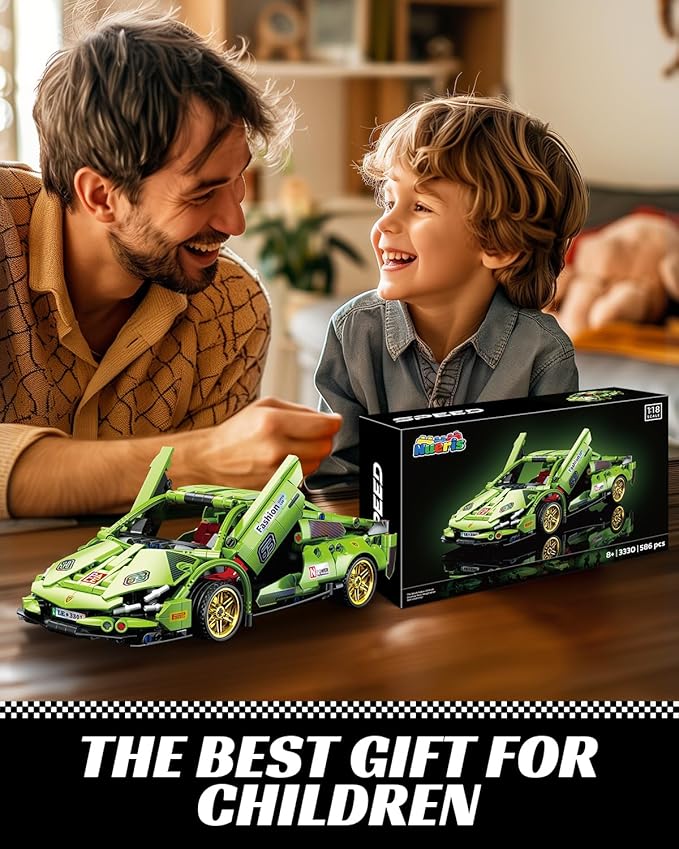 1:18 Technic Super Sports Cars Model Sets - 586 PCS Green MOC Building Block Car Raceing Engineering Toys - Gift Idea for Adults Boys Girls for Play and Display Collection