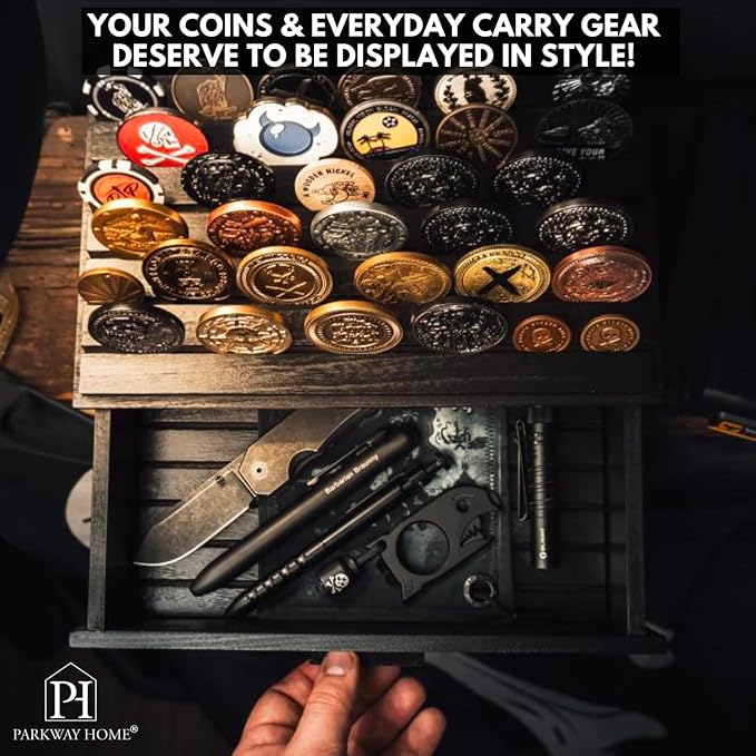 Large Black Wooden Challenge Coin Display Case with Clear Cover - Military Coin Display Case Holds 36 Coins on Top & 36 in The Storage Drawer - Versatile Coin Stand Holder & Poker Chip Display Case
