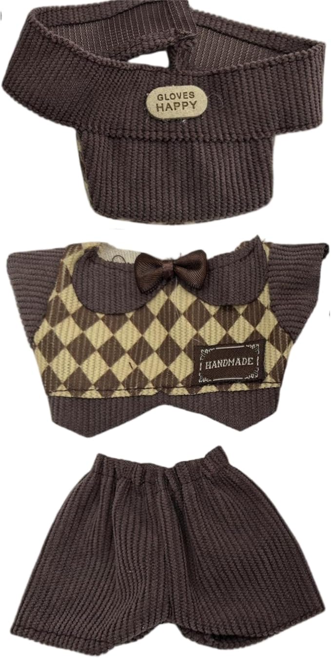 Doll Clothes for 17cm Figures, Brown Checkered British-Style Gentleman's Suit with a Petite Bow Tie and Hat