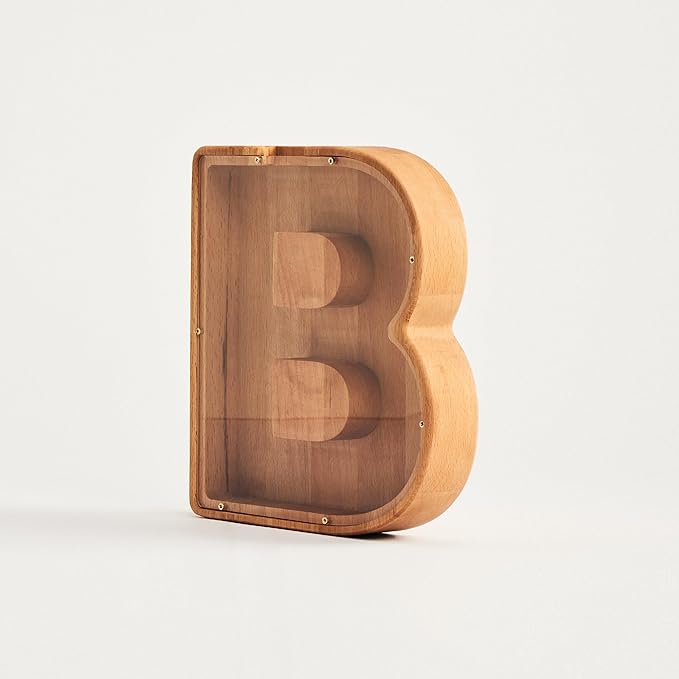 Personalized Wooden Piggy Bank – Custom Letter B Coin Bank in Beech Wood with Acrylic Front, Engraved Name Option, Money Box for Kids and Adults
