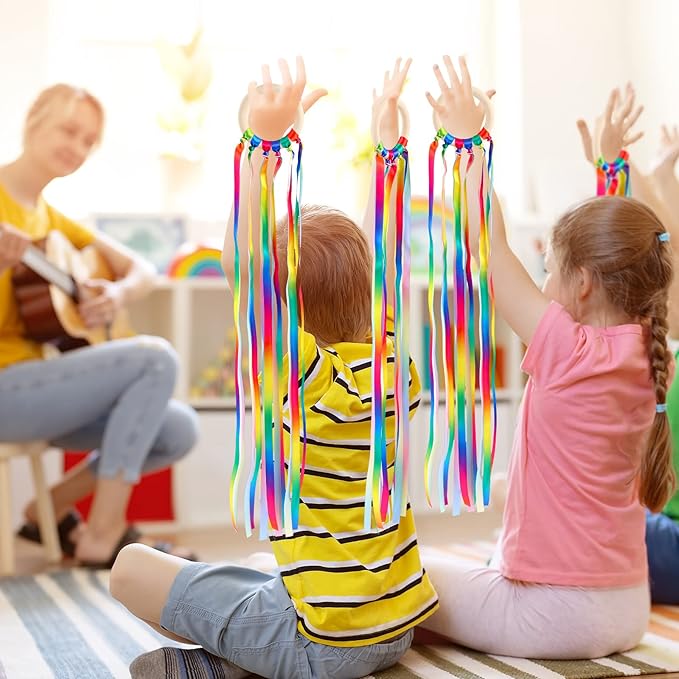 Sumind 6 Pcs Rainbow Ribbon Hand Kites Wands for Kids Dancer Streamer String Toy Thrown Waldorf Wand with Wooden Ring Wand Learning Educational(Warm Colors)