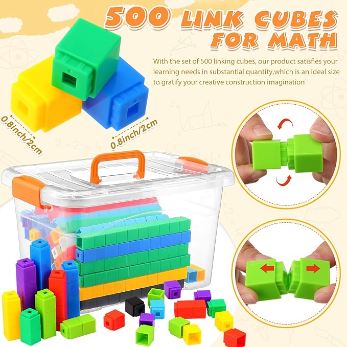Jenaai 500 Pcs Math Learning Linking Cube with Storage Container Counting Cubes, Colorful Plastic Counting Blocks, Manipulatives Classroom Learning Supplies for Educational(Yellow)
