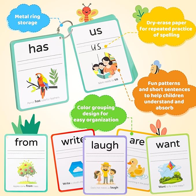 Big Size Sight Words Flash Card Kindergarten, 250 Dolch Sight Word Game with 5 Levels, Preschool Toddler Flash Card for Writing Reading Spelling Game, Educational Learning Toy for Kid Age 3+