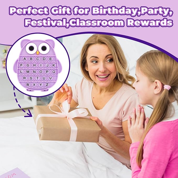 Fidget Toys for Kids, Owl Shaped Silicone Squeeze Sensory Toys, Alphabet Bubble Stress Anxiety Relief Relax Tools for Kids Adults School Classroom Gift Party Favors (Purple)