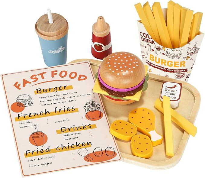 Wooden Play Fast Food Set Play Kitchen Accessories, Pretend Play Food Hamburger French Fries Toy, Restaurant Play Set Role Play Toys for Toddlers,Educational Birthday Gifts for Boys Girls