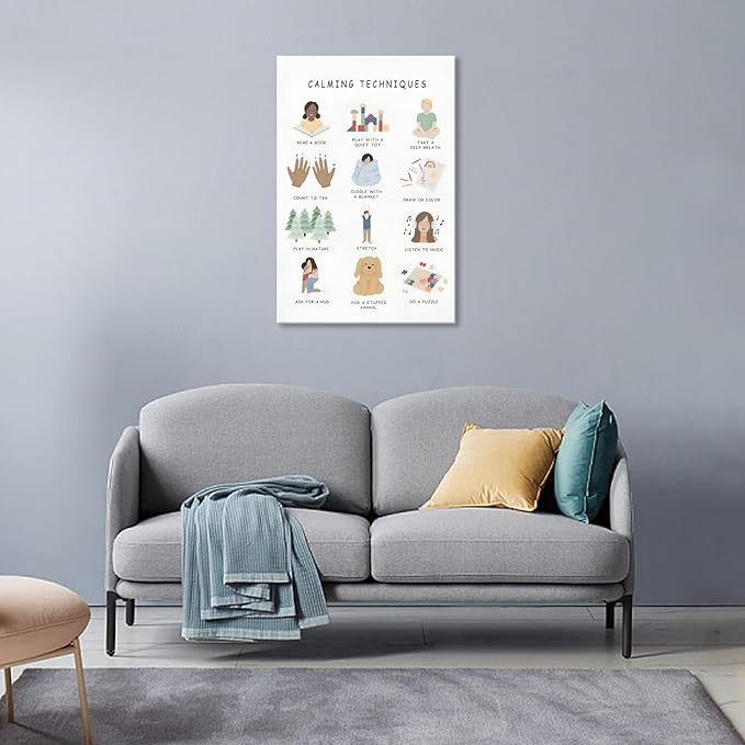 Feelings Calming Techniques Canvas Wall Art Calming Corner Classroom Mental health Posters Boho Emotions Chart for Kids Prints Special Education Wall Decor for Office School 16x24in Framed