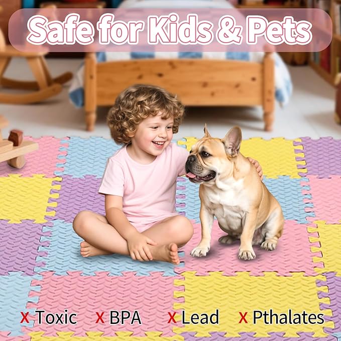 36 Tiles Foam Play Mat for Baby, 0.4 Inch Thick Foam Interlocking Floor Mats, Non-Toxic Baby Playmat, Solid Colored Puzzle Play Mat Kids Floor Mats for Toddler(Pink/Purple/Yellow/Light Blue)