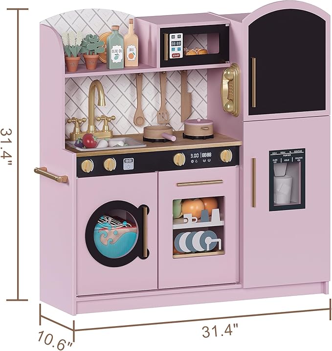 Treocho Play Kitchen for Kids, Wooden Toddler Kitchen Set with Storage, Modern Design Toy Kitchen with Faucet&Sink, Stove, Chalkboard, Icemaker and Various Accessories for Kids Ages 3+, Pink