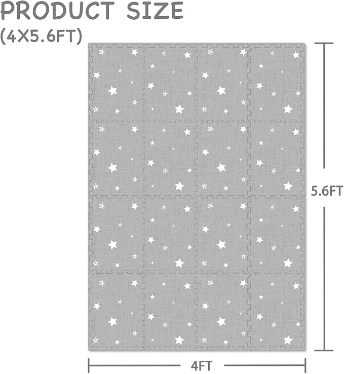 Extra Large Baby Play Mat - 4FT x 6FT Non-Toxic Foam Puzzle Floor Mat for Kids & Toddlers (Grey/White Star)