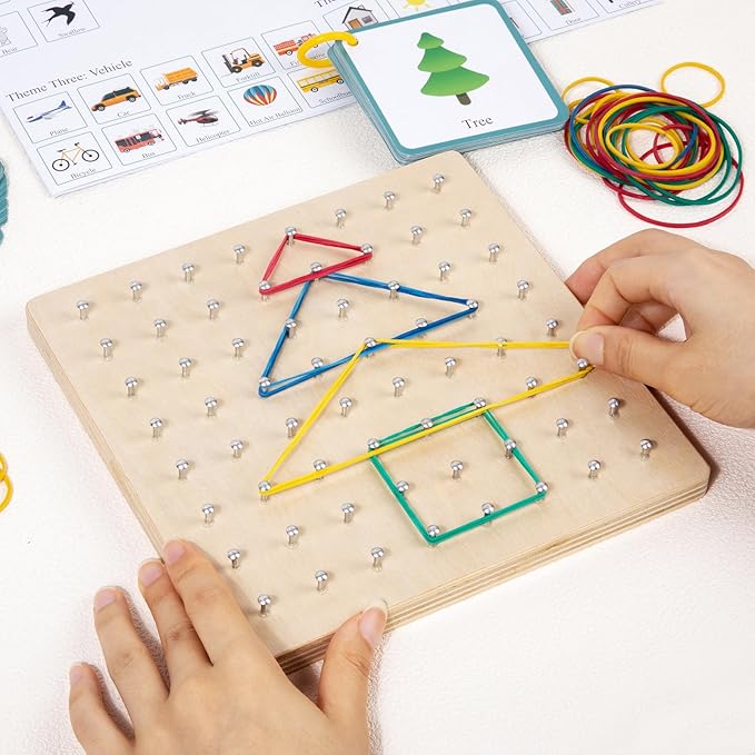 Wooden Geoboard with Rubber Bands, STEM Educational Toy for Spatial Reasoning and Fine Motor Skills Kids 3 Years+