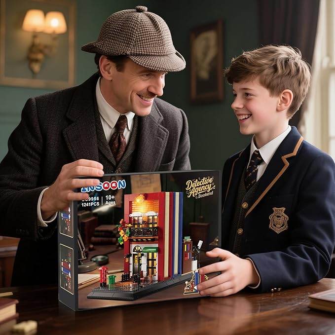 Detective Bookend Building Set with Lights, 1241 PCS Detective Agency Street House Building Block Kit for Home Decor Bookshelf, Collectible Mystery Bookstand Model for Adults Boys Girls Age 12+