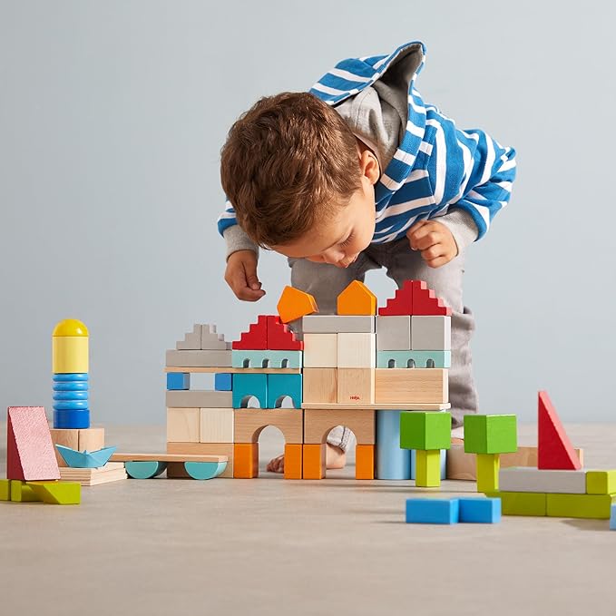 HABA Colored Wooden Building Blocks - Set of 85 Piece Set of Wooden Toys, Stacking Toys for Toddlers 1-3 Ideal Open Ended STEM Play (Made in Germany)