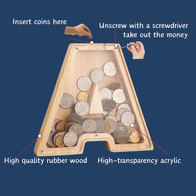 Heart Shaped Wooden Piggy Bank Clear Acrylic Panel Coin Savings Box Personalized Money Bank for Kids Boys Girls Adults Couples, Birthday Christmas Wedding Gift Home Décor