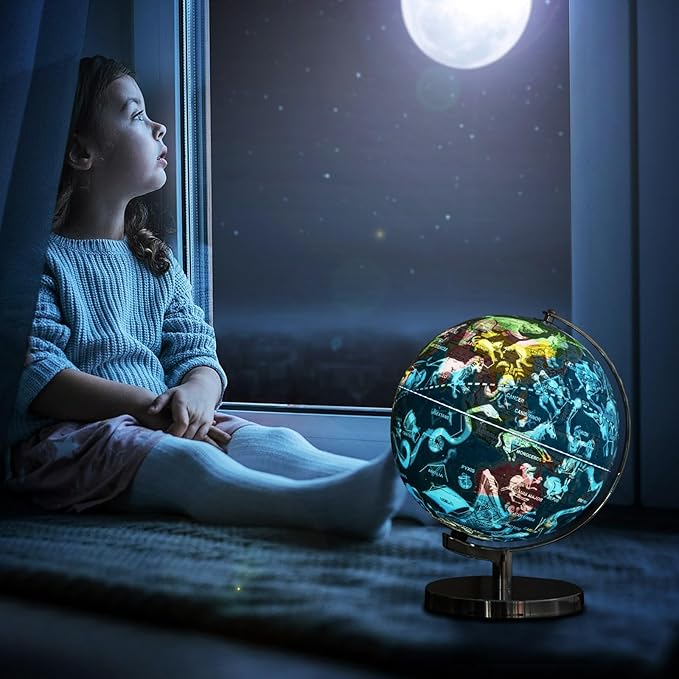 Nightcore World Globe for Kid Learning, 9'' Educational Classic World Globe with Metal Stand& Built-in LED Night Light, 88 Illuminated Constellations View, Desk Decoration Earth Map for School, Home, and Office