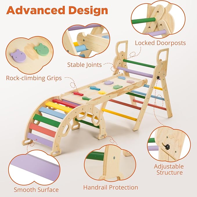 HEIGHT 9-in-1 Pikler Triangle Climber Set with Balance Car & Play Mat – Foldable Wooden Montessori Baby Climbing Toys with Slide, Arch & Ramp, Indoor Jungle Gym for Toddlers