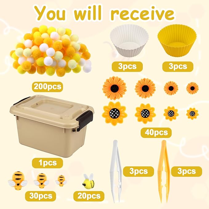 303Pcs Bee Sensory Bin Filler Fine Motor Toys Sunflower Counting Sorting 200 Felt Pompoms 40 Sunflowers 50 bees 6 Tweezers 6 Silicone Plates 1Storage Box for Counting Sorting DIY Crafts(Bee Sunflower)