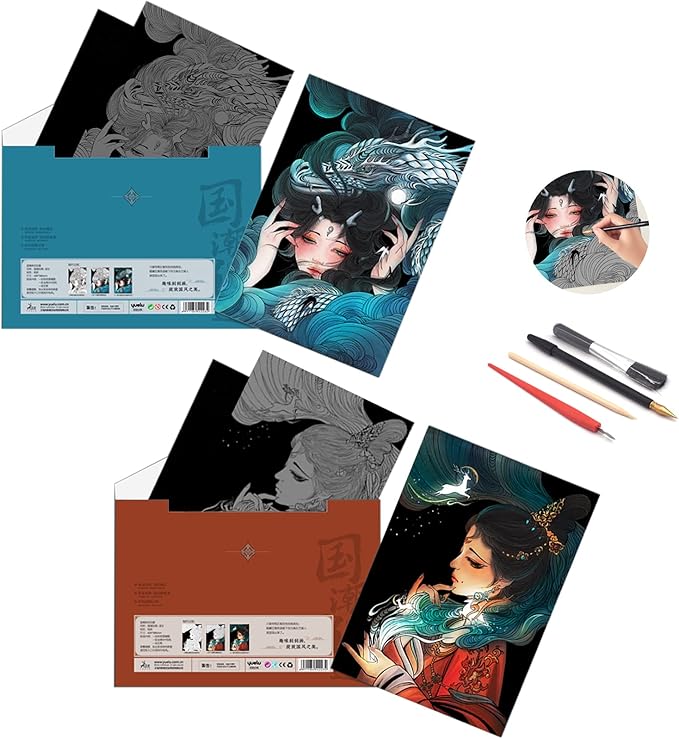 Scratch Rainbow Painting Art Paper,Scratch & Sketch Art for Kids & Adults,Scratch Painting Creative Gift Art & Craft Set,Sketch Pad DIY Scratchboard with 4 Tools,16''x11''(Asian Girl)