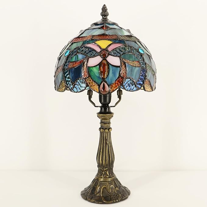 Small Tiffany Lamp Mini Accent Table Lamp Stained Glass Desk Memory Lamp Sympathy 8X14.5 Inch (Blue Baroque Style)
