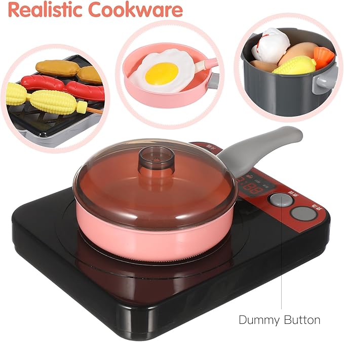 UPKOCH 86-Piece Interactive Kids Kitchen Playset with Electric Stove & Pressure Cooker - Pretend Play Cooking Toys for Toddlers, Cutting Vegetables & BBQ Grill Roleplay (Pink)