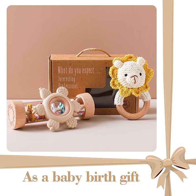 Youuys Wooden Baby Rattle Set (3pcs) - Crochet Rattle Rain Stick Teething Toys, Wooden Montessori Toy for Newborn Infant Baby Rattles Set Toys 3-6-12 Months(Lion)