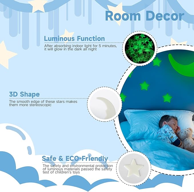 Glow in The Dark Stars for Ceiling,45Stars & 1Moon,Glow in The Dark Stars,Luminous Star and Moon Wall Stickers,Star Stickers for Bedroom Decor, Birthday Gifts（Green）