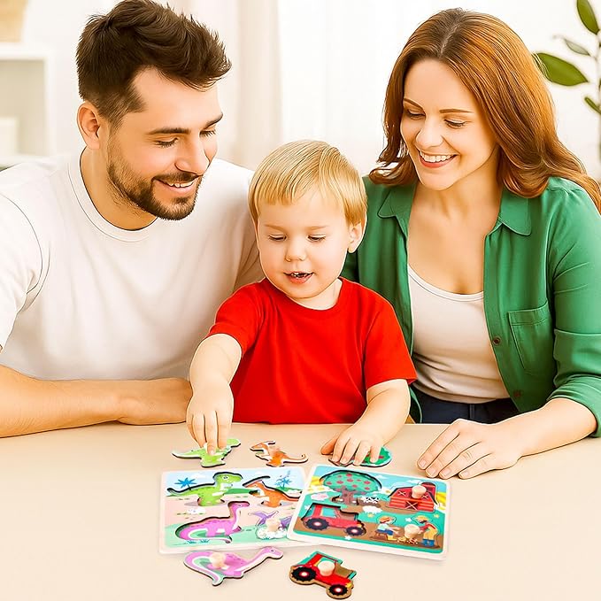 LovesTown Wooden Peg Puzzles Learning Toys Montessori Educational Knob Puzzle with Handles for Toddlers Preschool Kids 4 PCS