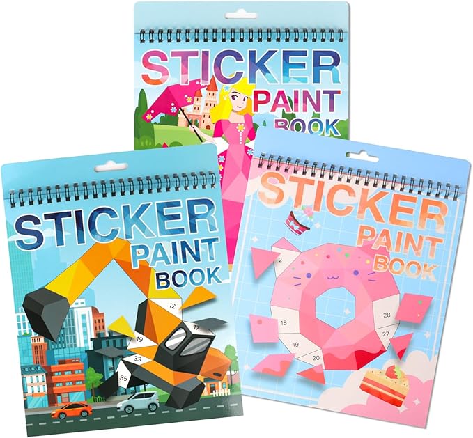 3 Pack Sticker Book Paint by Sticker Kids Ages 4-10 Reusable Sticker Book for Toddlers Boys and Girls Birthday Gifts Party Favor, Travel Activity Book Set for Learning and Playing