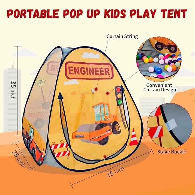 1pc Engineering Car Kids Pop up Play Tent, Ball Pit for Toddlers, Indoor Outdoor Playhouse Castle Toys, Baby Boys Girls for 4 5 6 7 Years Old (Balls Not Included)