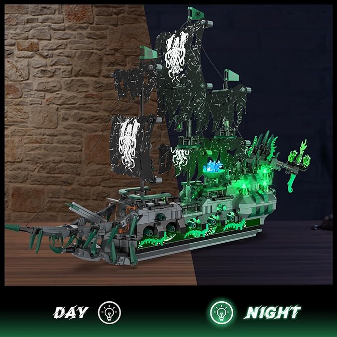 NUTCRACKER Pirate Ship Model Building Kits with LED Light, Ghost Ship Flying Dutchman Toy Building Set, Sailboat Model Home Easter Decor, Easter Birthday Gift for Adults Boys Girls（1100 Pieces）