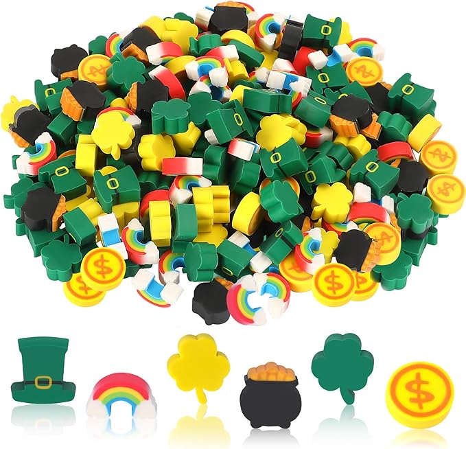 JUNEBRUSHS Erasers for Kids, 150Pcs St. Patrick's Mini Erasers Cute Pencil Erasers Shamrocks Erasers for Kids Bulk School Classroom Prizes Homework Rewards Party Favors