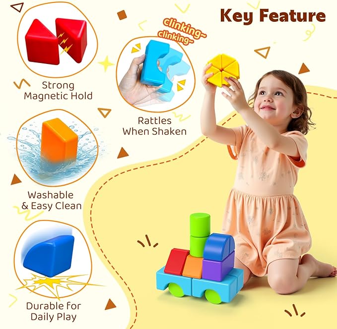 Multi-Shape Magnetic Blocks, Large Stacking & Building Blocks Set, Preschool Educational Sensory Magnet Toys for Kids Ages 3-5 Year Old Boys & Girls Toddlers(20pcs)
