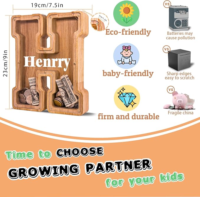 Wooden Letter Piggy Bank for Kids Larger Letter Piggy Bank for Boys and Girls Personalized Piggy Bank Initial Coin Bank Wood Kids Money Bank for Birthday and Festival