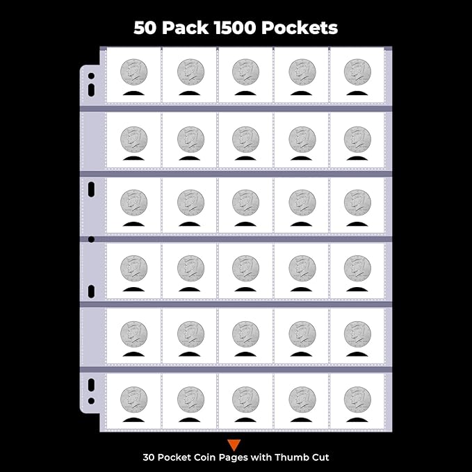 50-Sheets 30-Pocket Thumb-Cut Coin Pages - Coin Pocket Pages for 1.5 x 1.5 Inch Cardboard Coin Holder, Collecting Sleeves for Coin Flips, 1500 Pockets for Coin Binder, Coin Collection Storage Supplies