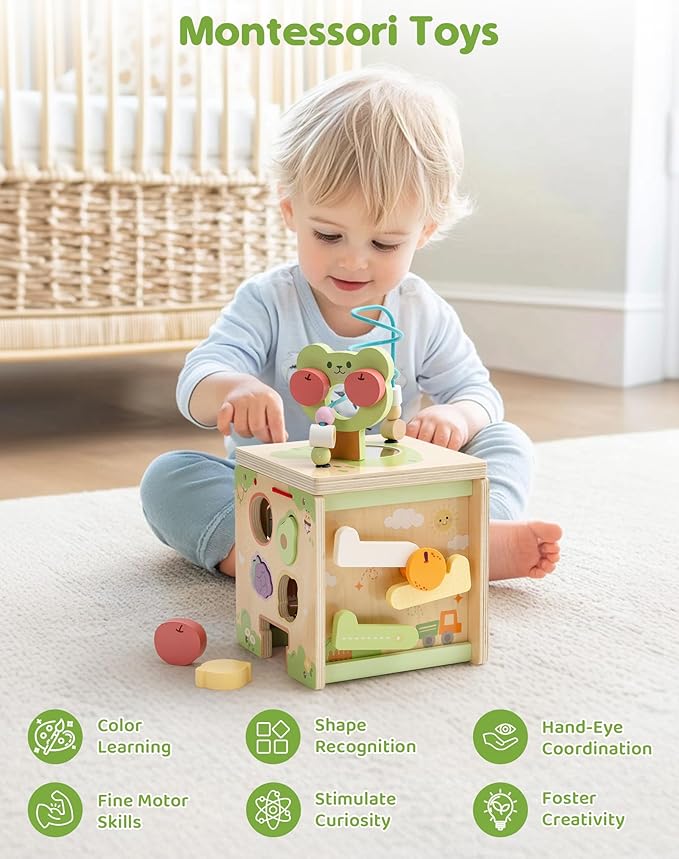 ROBUD Wooden Activity Cube, Baby Activity Cube for 1 Year Old, Montessori Activity Cube with 9 Gams in 1 Toy, Educational Toys of Bear Orchard Busy Cube, JM52