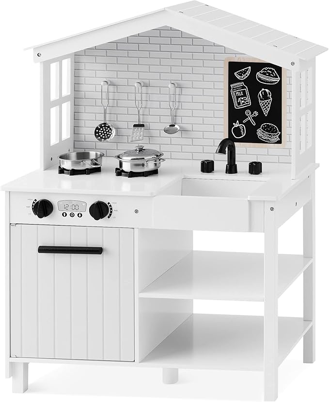 Best Choice Products Farmhouse Play Kitchen Toy, Wooden Pretend Set for Kids w/Chalkboard, Marble Backdrop, Windows, Storage Shelves, 5 Accessories Included - White