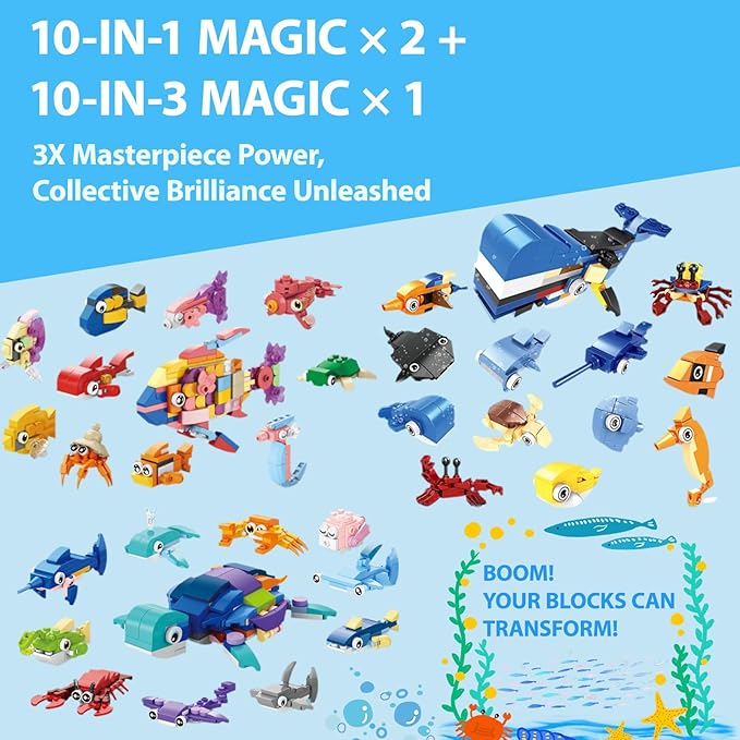 30 Packs Building Blocks Party Favors for Kids, 10 in 1 Mini Animals Building Block Sets for Classroom Prizes, Birthday, Party Favors Return Gifts, Valentines, Easter Gifts (Ocean)